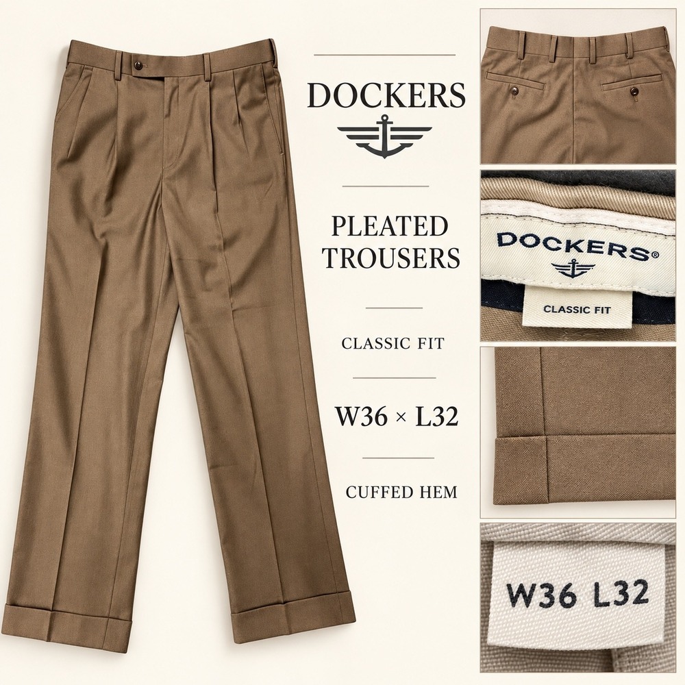 Dockers Men Brown Pleated Trousers Classic Fit Cuffed Hem W36 L32 32896-0001